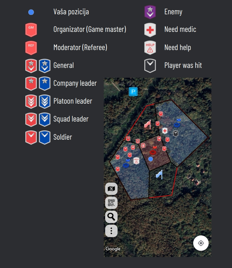 Ares Alpha mapa i simboli za Airsoft igru u realnom vremenu, saznaj lokaciju saigrača, ciljeva i moderatora. Potraži pomoć pomoć medica ili podršku saigrača